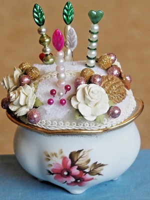 Handmade Pin Cushion, Upcycled  " Julia"  Westminster bowl.  Seamstress Gift. - image 1 of 4