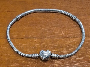 Estate Signed Pandora ALE 925 Sterling Silver Heart Clasp 8" Charm Bracelet - Picture 1 of 9