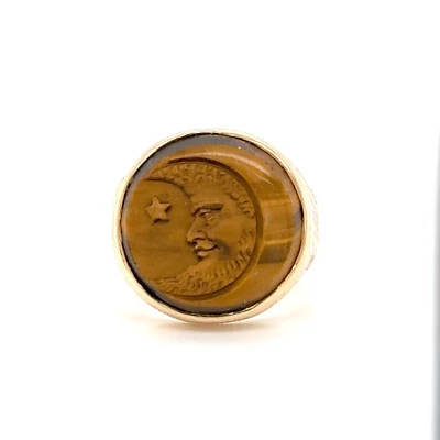 Para Hombres 14k Oro Amarillo Sólido Tallado Ojo de Tigre Estrella Celestial y una Luna Talla 11.75 Foto 1 de 4