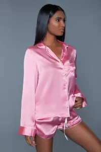 BeWicked Sadie 2pc Satin Pajama Set w/ Revere Collared Top Stretch Waist Bottoms - Picture 1 of 4