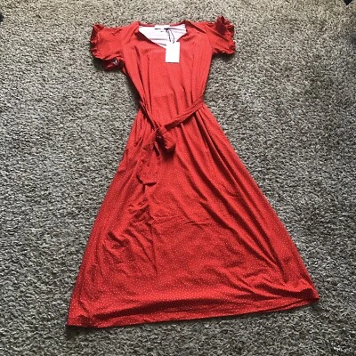 Vestido Merrick Blanco Rojo Midi Lunares Manga Corta Corbata Cinturón Talla Med con Bolsillos Foto 1 de 4