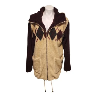 Mulberry Street Argyle Sherpa Women's Hooded Medium Beige Burgandy Zip Jacket - Image 1 of 4