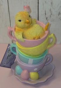 Tophat & Tail Easter Chick Sitting atop a Stack of Pastel Teacups Figurine NEW - Picture 1 of 6