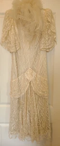 Vintage Lace Pearled Custom Wedding Dress 1950s with Crown Veil - 39 inch Long - Picture 1 of 10