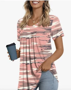 Women's Short Sleeve Pleated Blouse Loose Babydoll Tee Shirt Pink Camouflage NWT - Picture 1 of 11