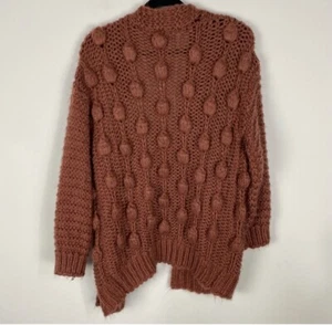 Rust Orange Oversized Chunky Textured Pom Pom Cardigan Sweater Medium - Picture 1 of 6