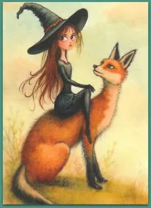 ACEO 2.5x3.5 watercolor painting - witch girl fox fantasy surreal - Picture 1 of 1