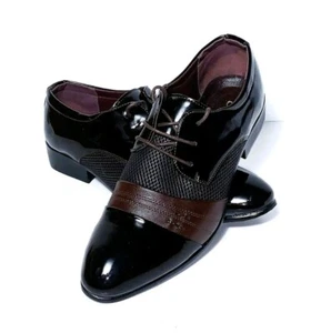 Scarpe eleganti da uomo Shanghaiaohu nere e marroni in vernice taglia 45 nuove senza etichette taglia USA 11 - Foto 1 di 9