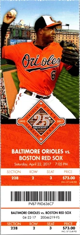 TICKET - Baltimore Orioles vs Boston Red Sox (April 22 2017) Jonathan Schoop Cover