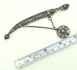 Czar Russian Solid Silver Filigree Islamic Kindjal Shield Pin w Turquois Stone - Picture 1 of 9