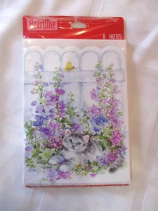Vintagw Hallmark Heartline Blank Note Cards & Envelopes Kitty in Flowers NIP - Picture 1 of 3