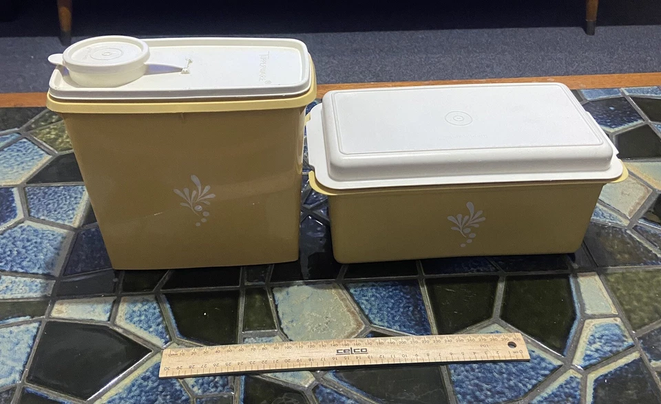 70s Vintage Tupperware harvest gold bread Keeper + Cereal Keeper Food Storage - Image 1 of 4