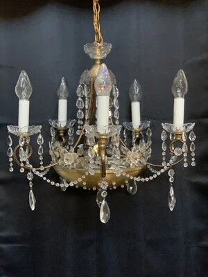 Antique French Art Deco Crystal Brass Tole Flower Beaded Lit Basket Chandelier - Image 1 of 4