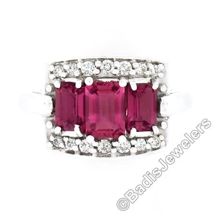 14k White Gold Emerald Cut Pink Tourmaline Round Brilliant Diamond Cocktail Ring - Picture 1 of 9