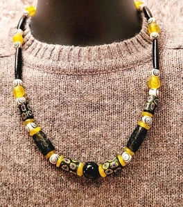 African Beaded Tribal Necklace, Venetian Trade Beads, Dark Green, Black Horn - Picture 1 of 22