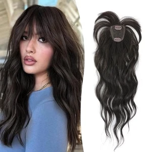 Fine Plus Synthetic Wavy Mini Hair Topper 360° Curved Fringe Clip in Dark Brown - Picture 1 of 7