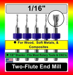 5 frese terminali in metallo duro 1/16" - punte CNC 2 flauti, gambo 1/8" UPCUT legno composito - Foto 1 di 7