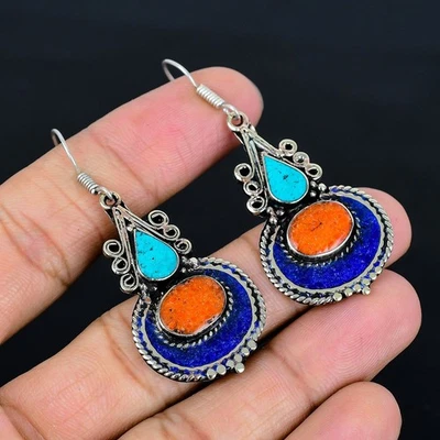 Orecchino vintage tibetano argento sterling 925 lapislazzuli turchese... - Immagine 1 di 4