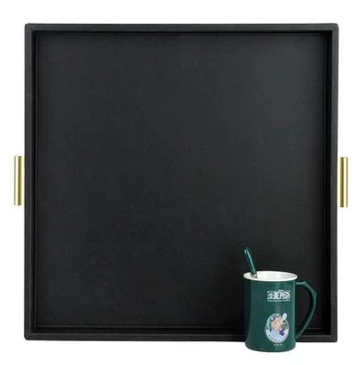 Elegante Bandeja para Servir Cuadrada de Cuero Sintético de 20"x20" con Asas Doradas, Negra Foto 1 de 4