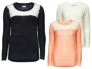 ONLY Damen Grob Strick Pulli onlBLAIR PULLOVER NOOS vokuhila Spitze weiß orange - Picture 1 of 4