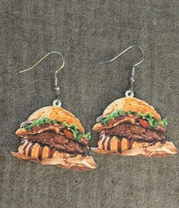 Realistic Bacon Cheeseburger Dangle Earrings Foodie Novelty Cute Fast Food Gift - Picture 1 of 5