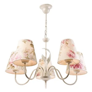 Candelabro Shabby Blanco Con Pantalla De Tela Floral Para Comedor Y Sala - Imagen 1 de 2