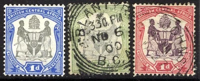 ÁFRICA CENTRAL BRITÁNICA 1897 "Arms" Grupo Wmk Corona CA SG 43, 46 y 57d COMO NUEVO y VFU Foto 1 de 2