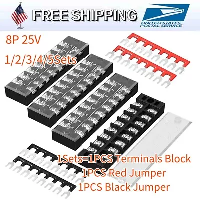 8 Position Terminal Block 25A 600V Dual Row Screw Terminal Strip Dual Row wit - Image 1 of 4
