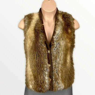 Ellen Tracy Womens Faux Fur Toggle Vest Brown Tan Soft Plush Teddy size Medium - Image 1 of 4