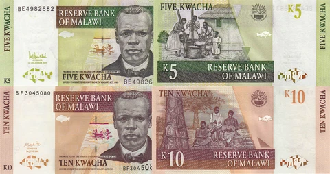 Malawi 2 PCS Set: 5 & 10 Kwacha (2004/2005) - p36c & p51 UNC Cover