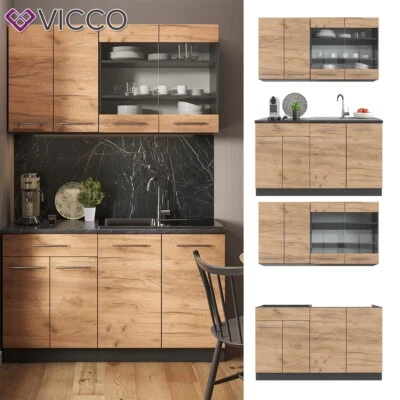 Küchenzeile Küchenblock Einbauküche Fame-Line Single Anthrazit Eiche 140cm Vicco - Bild 1 von 4