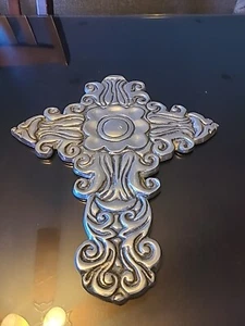 Brutalist metal,pewter Mexican cross hanging piece. Brinson and Collins. Ornate - Picture 1 of 7
