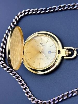 Working Waltham Quartz Gold Tone Pocket Watch Pendant W/Chain Date/Day A5 - Image 1 of 4