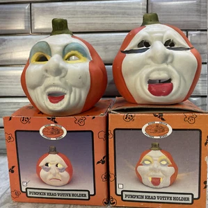 2 Unici Porta Votivi Testa di Zucca Antropomorfa Volti Sciocchi Ceramica - Foto 1 di 15