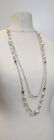 Long Silver Toned Double Strand Necklace, Faux Pearl, Clear Faceted Bead 