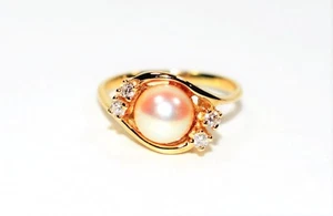 Natural Akoya Pearl & Diamond Ring 14K Solid Gold .16tcw Pearl Ring Vintage Ring - Picture 1 of 12