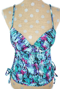 LOVE YOUR ASSETS SPANX Multicolor Print Tankini Swimsuit Top Push-Up Bra SMALL