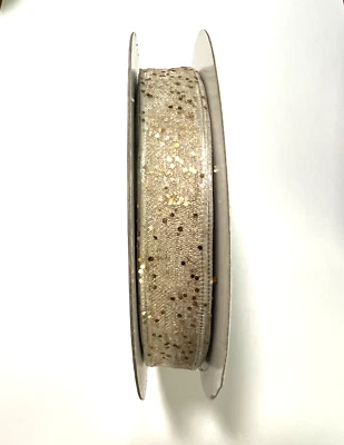 Ribbon Wired "Flash Ivory" Ribbon With Gold Glitter 5/8 in wide 15 yd + 1(J14D26 - Image 1 of 4