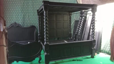 Reino Unido Super King NEGRO MATE Gótico Caoba Cuatro Carteles Cama Tudor Foto 1 de 4