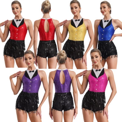 Damen Trikot Unitards Kostüm Rundhalsausschnitt Bodysuit Quaste Overall Cosplay - Bild 1 von 4