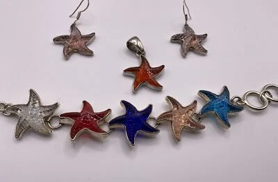 Charles Albert Sterling Silver Glass Starfish Set; Pendant Bracelet Earrings  - Image 1 of 4
