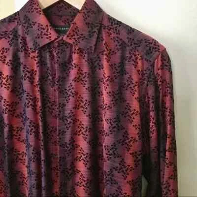 Camisa de vestir de fiesta abstracta 70 % seda de diseñador Jhane Barnes roja azul ombre | M Foto 1 de 4