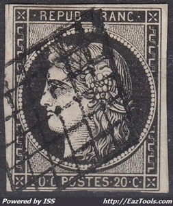 FRANCE : CERES N° 3a NOIR SUR BLANC OBLITERATION GRILLE - COTE 70 € - Foto 1 di 2