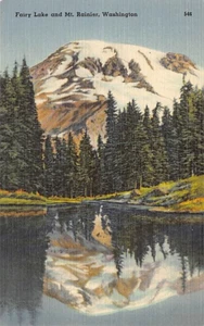 Postal WA: Fairy Lake y Mt. Rainier, Washington, lino vintage años 40 - Imagen 1 de 2