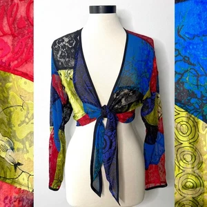 Vintage 90er Chicos Cropped Patchwork Seide Tie Front Langarm Hippie Top Bluse - Bild 1 von 8