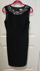 CALVIN KLEIN WMN Black Faux Pearl Detail Sheath Cocktail Classic Dress SIZE 8 - Picture 1 of 17