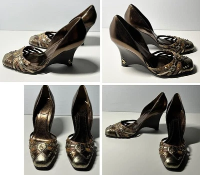  Baby Phat Brown Stylish Leather w/ Gold Logo Wedge pumps Style Women's shoes 8B - Image 1 of 4