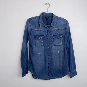 Joe’s Jeans Collection Womens M Distressed Cotton Chambray Button Shirt Blue NEW - Picture 1 of 11