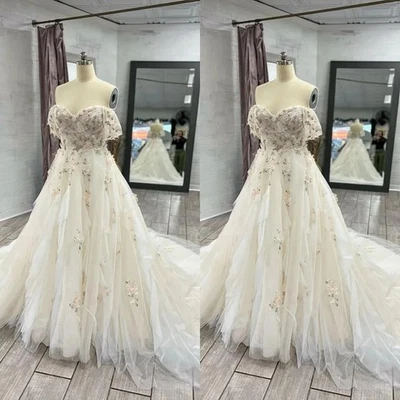 Vestidos de novia vintage 3D flores novia fuera del hombro playa vestidos de novia Foto 1 de 4