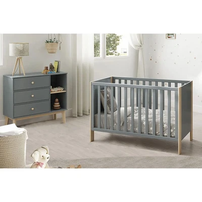 KAINA - Pack Lit Bébé 60x120cm + Commode 3 Tiroirs Coloris Gris et Naturel - Photo 1/4